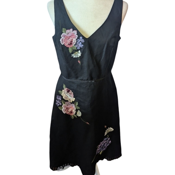 Vtg Plaza South Designer Black Linen Dress with Floral Embroidery & Jacket Sz 10 - Picture 3 of 9